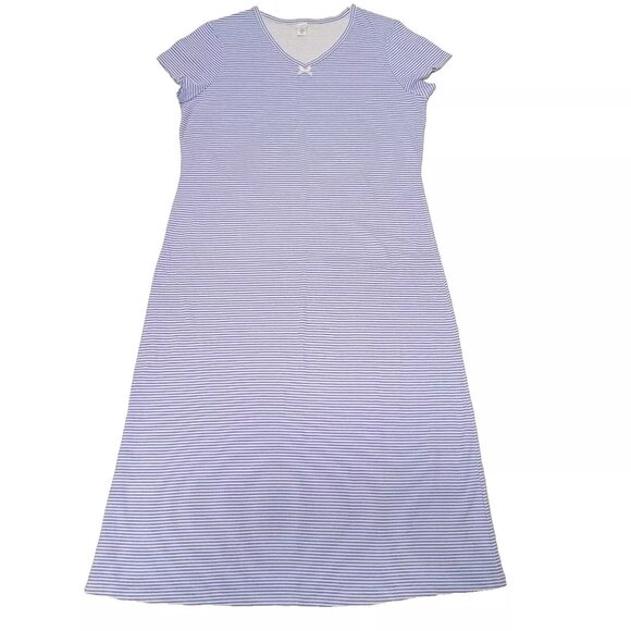 PINK Women's Cotton Short Sleeve Nightdress Striped V- Neckline Maxi Dress Sz M - Picture 1 of 5